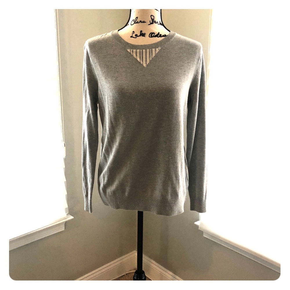 Grey sweater with striped pattern back